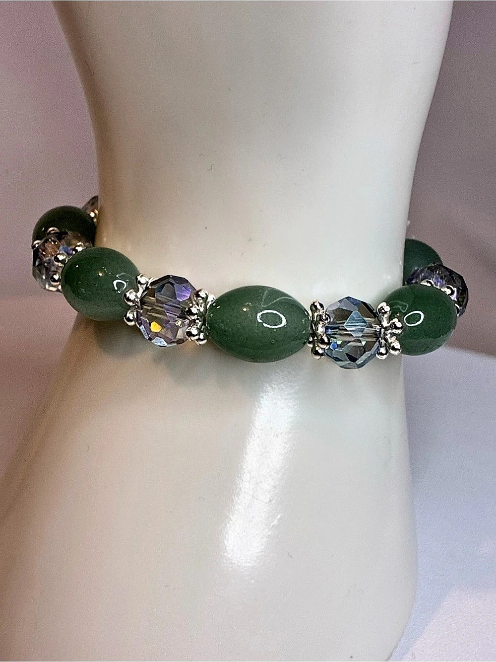 Green Aventurine And Iridescent Faceted Crystal Beads